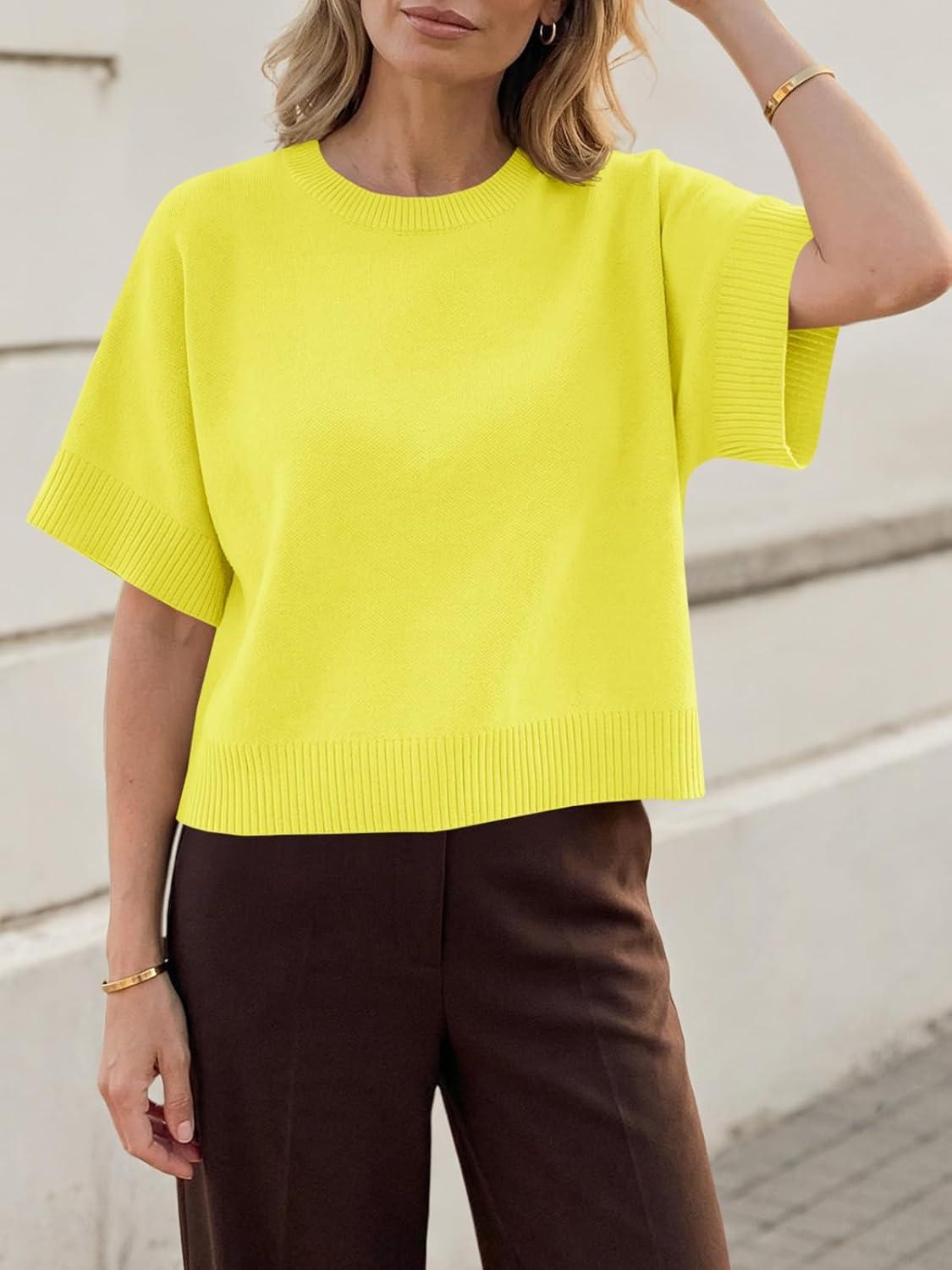 image:imageSaodimallsu Womens Short Sleeve Sweaters Crew Neck Lightweight Casual Loose Fit Summer Knit Pullover TopsYellow