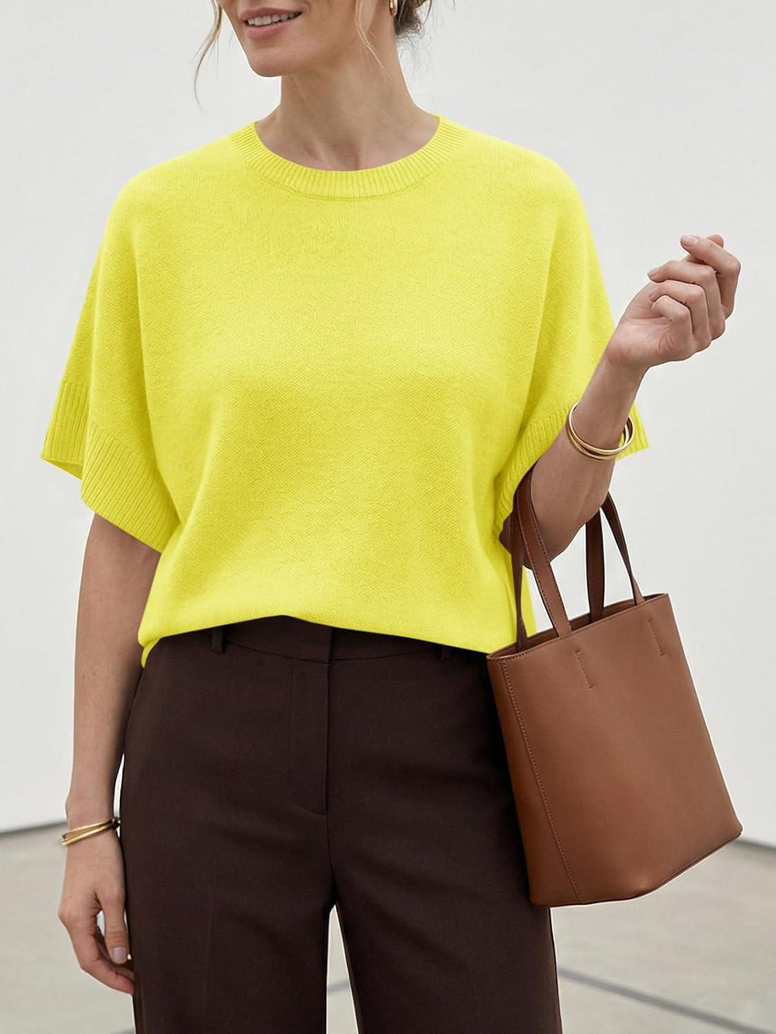 image:imageSaodimallsu Womens Short Sleeve Sweaters Crew Neck Lightweight Casual Loose Fit Summer Knit Pullover TopsYellow
