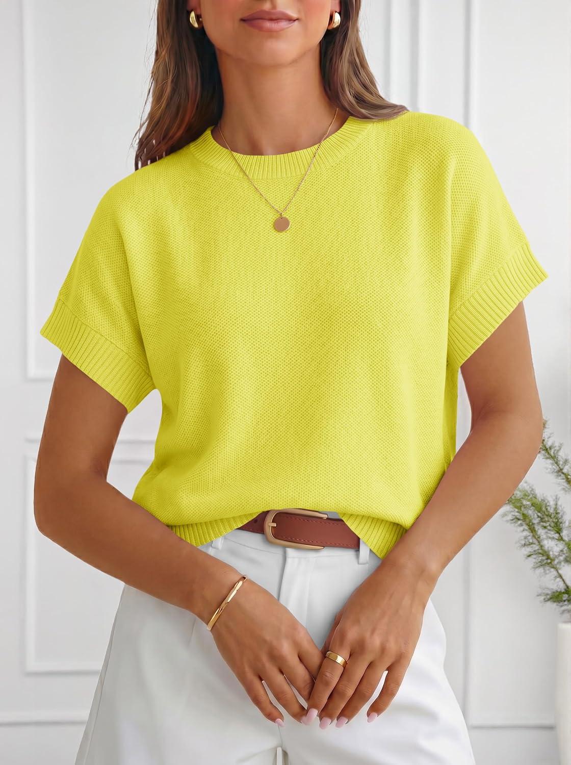 image:imageSaodimallsu Womens Short Sleeve Sweaters Crew Neck Lightweight Casual Loose Fit Summer Knit Pullover TopsYellow