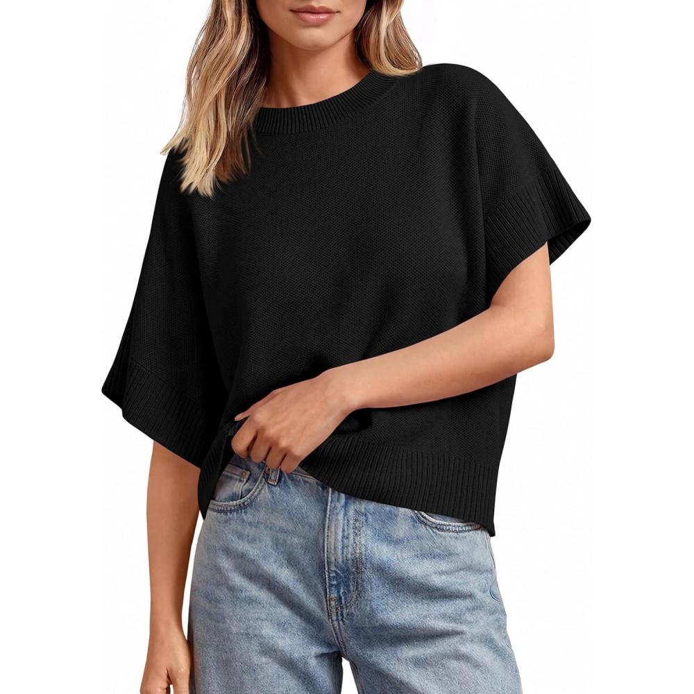 image:imageSaodimallsu Womens Short Sleeve Sweaters Crew Neck Lightweight Casual Loose Fit Summer Knit Pullover TopsBlack