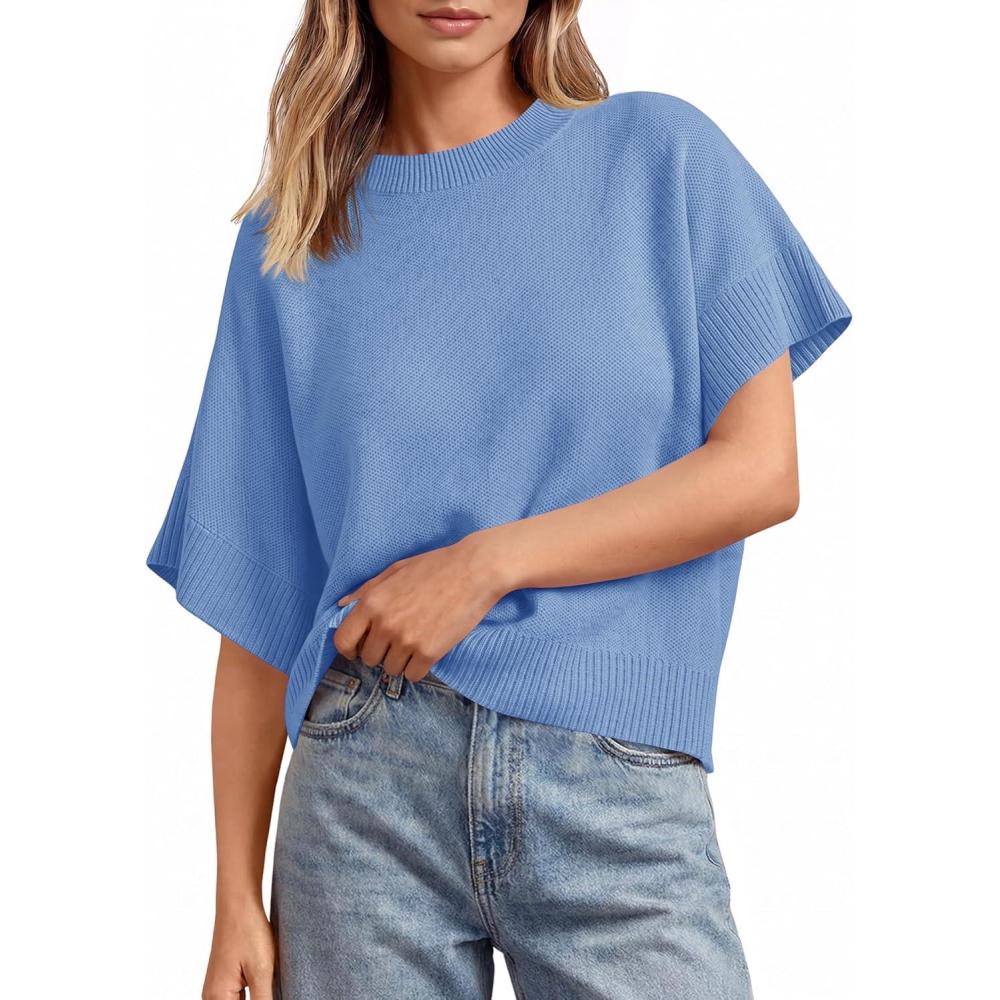 image:imageSaodimallsu Womens Short Sleeve Sweaters Crew Neck Lightweight Casual Loose Fit Summer Knit Pullover TopsBlue