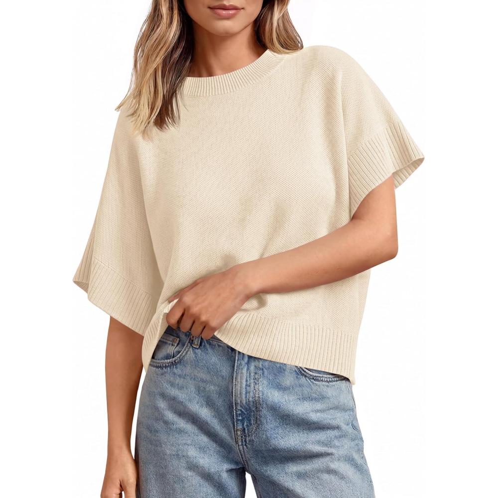 image:imageSaodimallsu Womens Short Sleeve Sweaters Crew Neck Lightweight Casual Loose Fit Summer Knit Pullover TopsLight Khaki