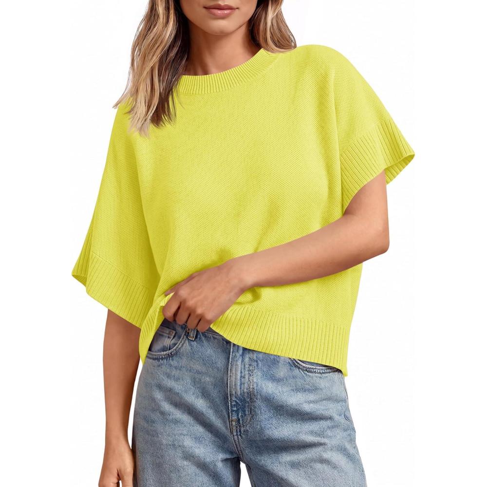 image:imageSaodimallsu Womens Short Sleeve Sweaters Crew Neck Lightweight Casual Loose Fit Summer Knit Pullover TopsYellow