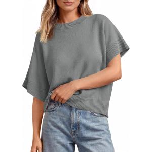 Saodimallsu Womens Short Sleeve Sweaters Crew Neck Lightweight Casual Loose Fit Summer Knit Pullover Tops(Gray)