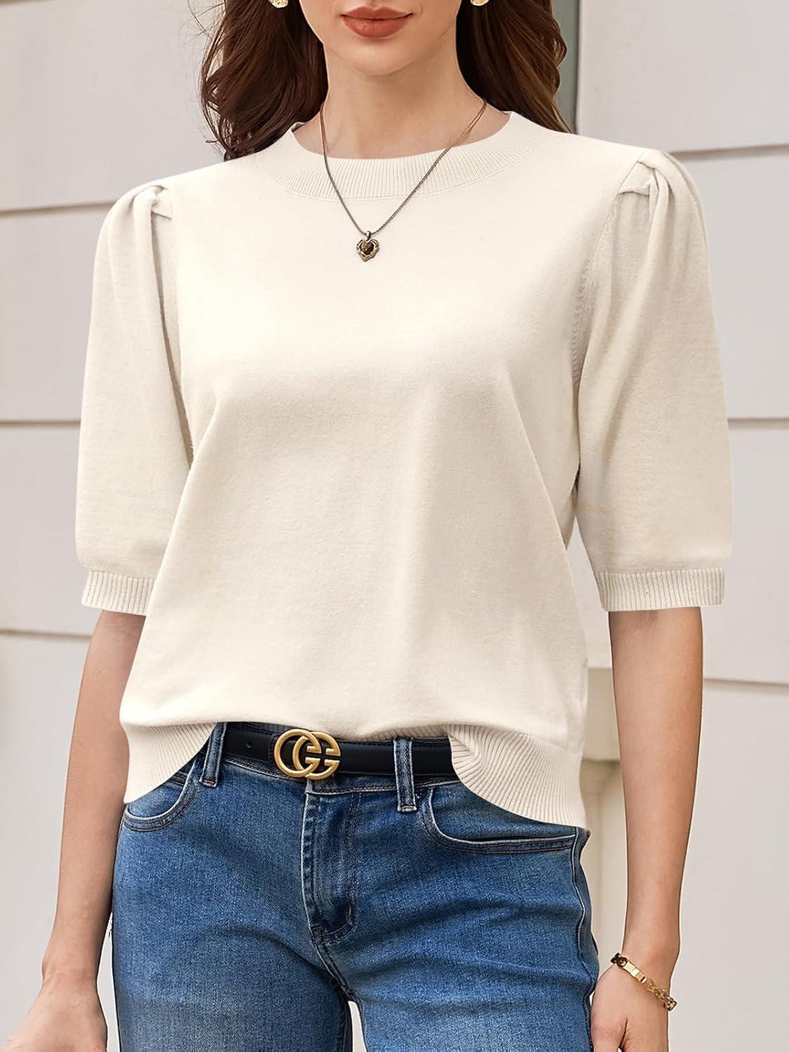 image:imageSaodimallsu Womens Puff Sleeve Sweater Tops Ruffle Crew Neck Dressy Casual Loose Knit Pullover Shirts BlousesApricot