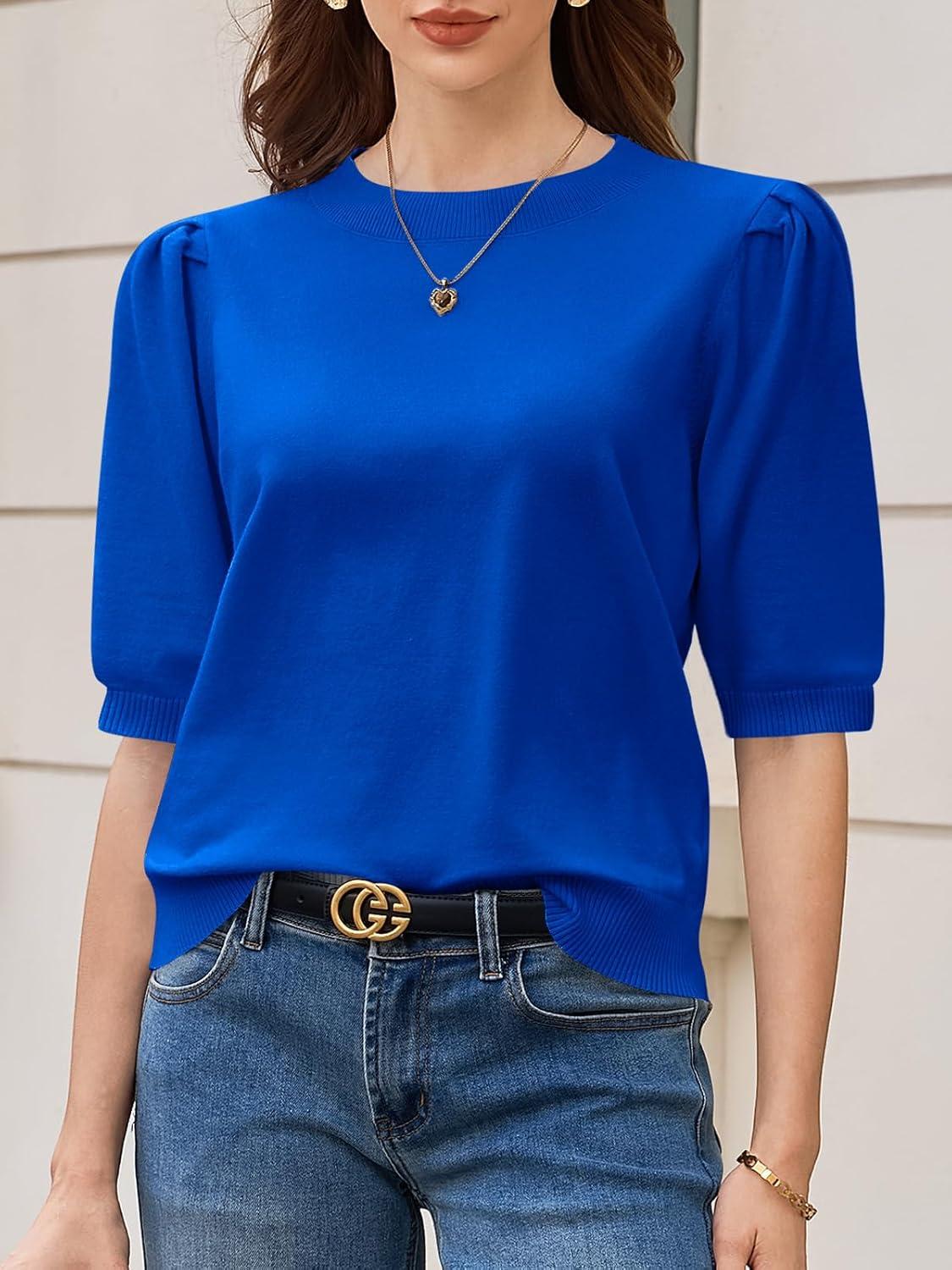 image:imageSaodimallsu Womens Puff Sleeve Sweater Tops Ruffle Crew Neck Dressy Casual Loose Knit Pullover Shirts BlousesRoyal Blue
