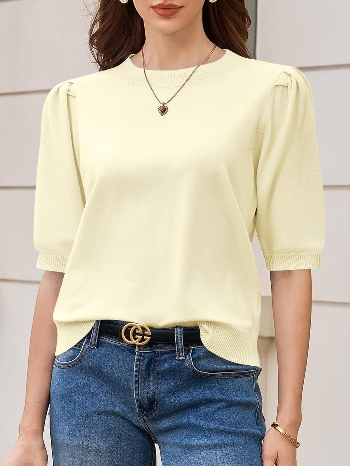 image:imageSaodimallsu Womens Puff Sleeve Sweater Tops Ruffle Crew Neck Dressy Casual Loose Knit Pullover Shirts BlousesYellow
