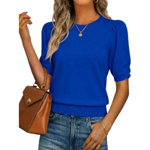 Saodimallsu Womens Puff Sleeve Sweater Tops Ruffle Crew Neck Dressy Casual Loose Knit Pullover Shirts Blouses(Royal Blue)