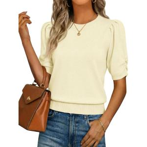 Saodimallsu Womens Puff Sleeve Sweater Tops Ruffle Crew Neck Dressy Casual Loose Knit Pullover Shirts Blouses(Yellow)