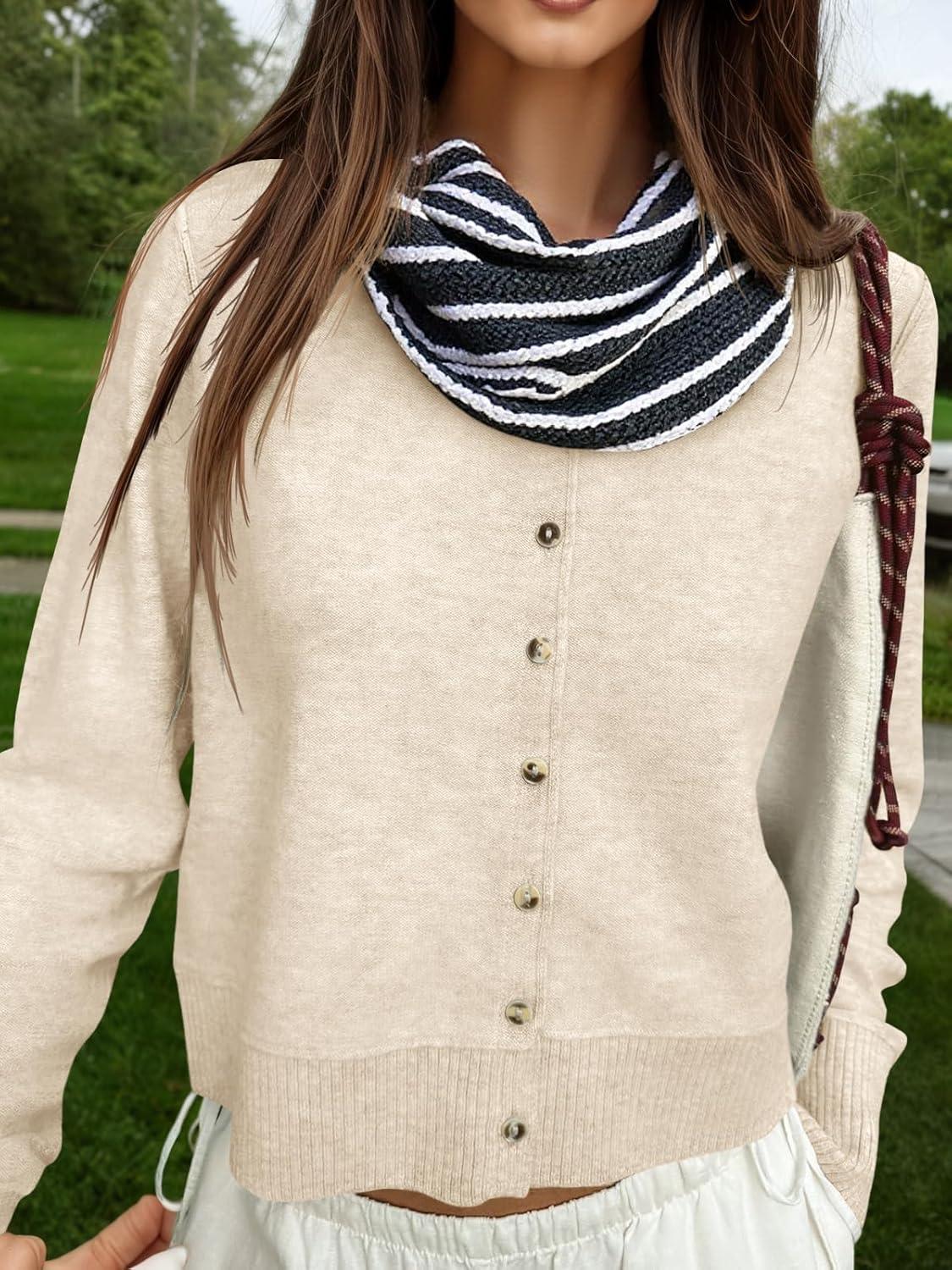 image:imageSaodimallsu Womens Button Down Cardigan Sweaters Lightweight Long Sleeve Crew Neck Summer Knit Open Front TopsApricot