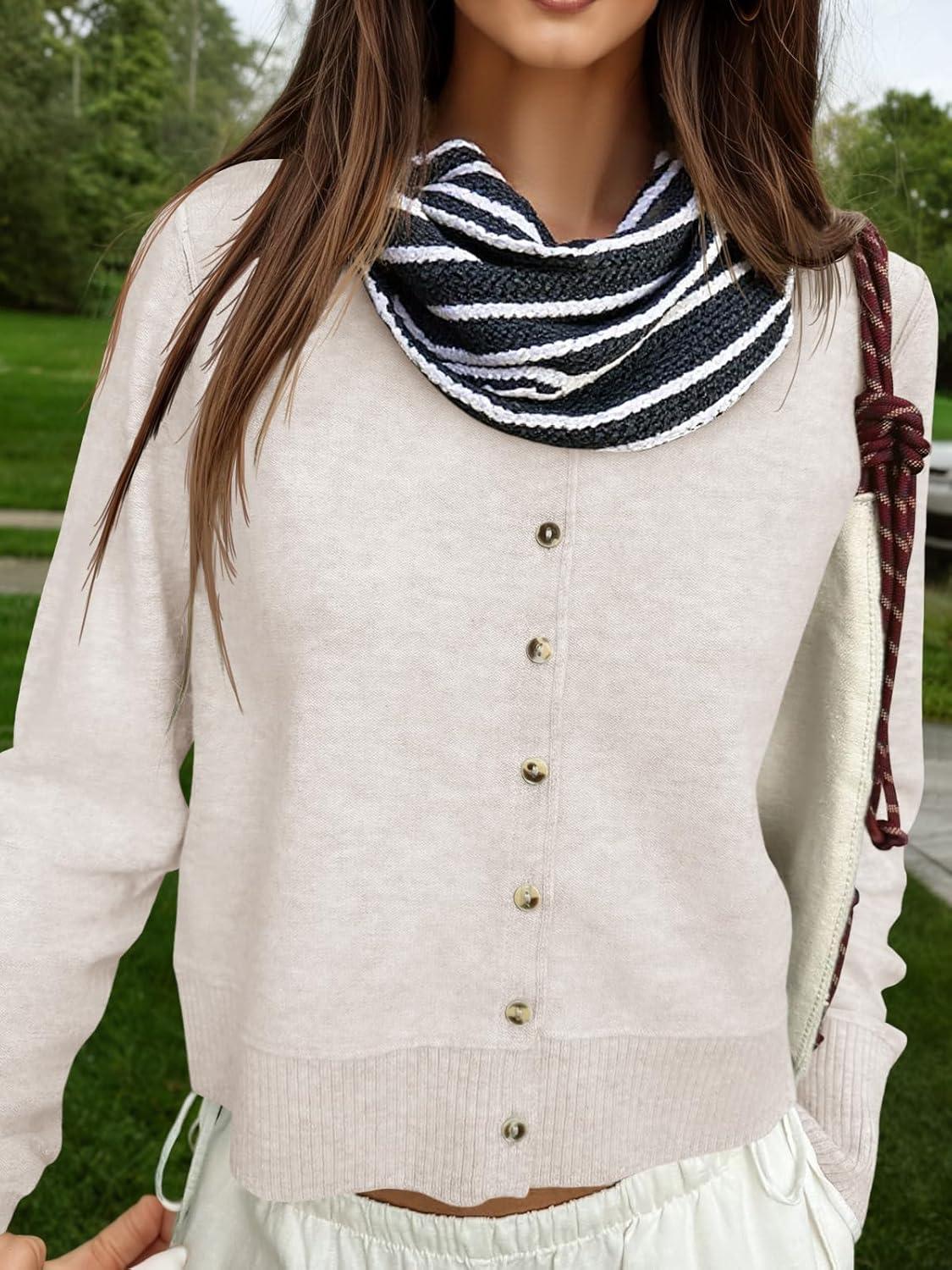 image:imageSaodimallsu Womens Button Down Cardigan Sweaters Lightweight Long Sleeve Crew Neck Summer Knit Open Front TopsBeige