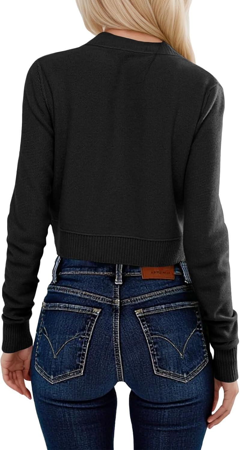 image:imageSaodimallsu Womens Button Down Cardigan Sweaters Lightweight Long Sleeve Crew Neck Summer Knit Open Front TopsBlack