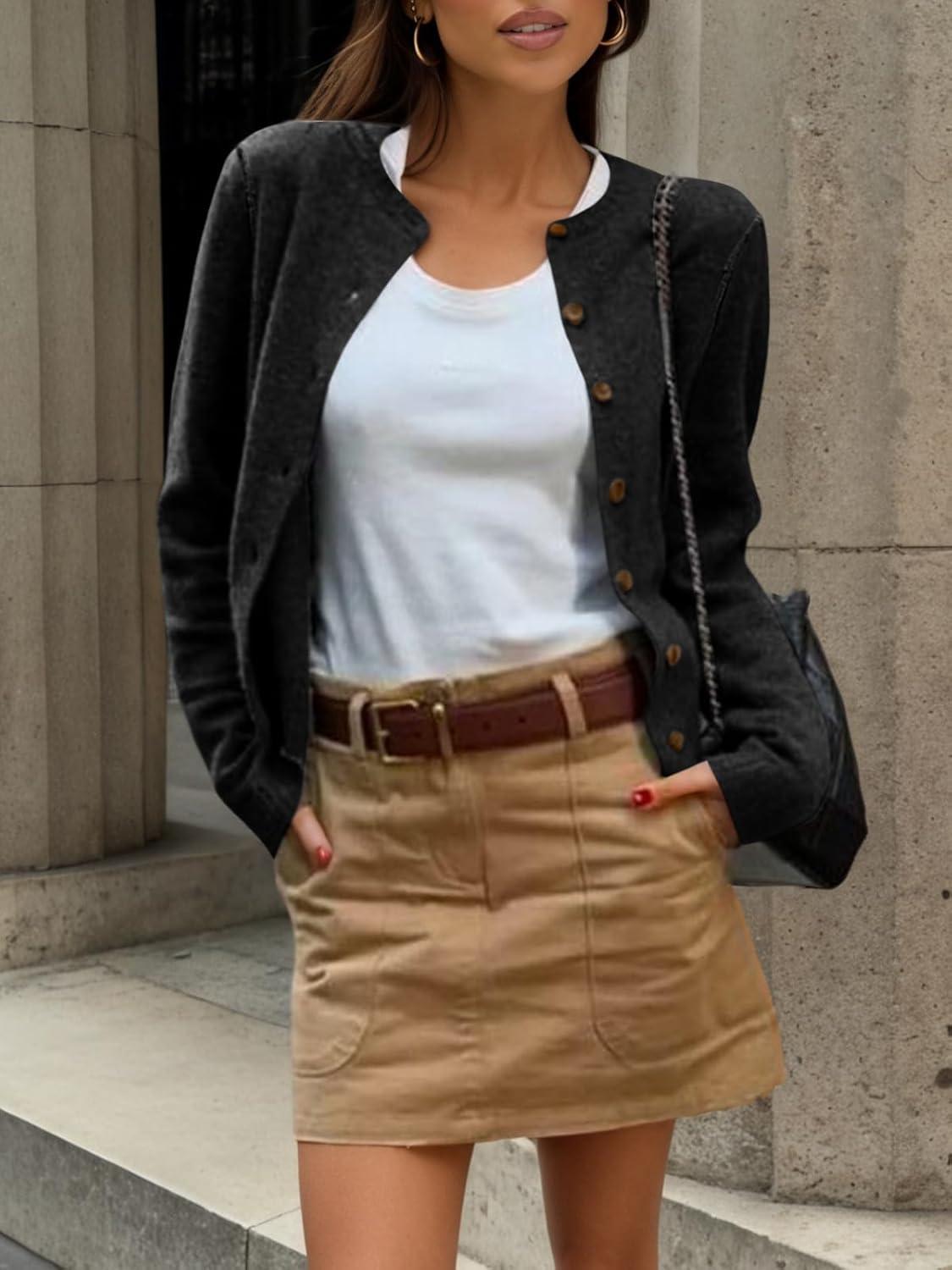 image:imageSaodimallsu Womens Button Down Cardigan Sweaters Lightweight Long Sleeve Crew Neck Summer Knit Open Front TopsBlack