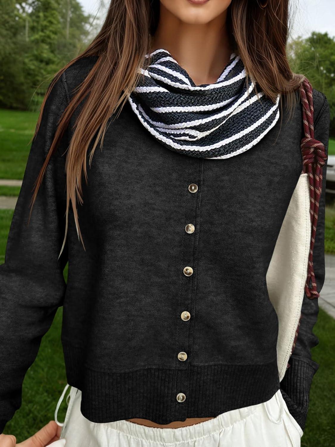 image:imageSaodimallsu Womens Button Down Cardigan Sweaters Lightweight Long Sleeve Crew Neck Summer Knit Open Front TopsBlack