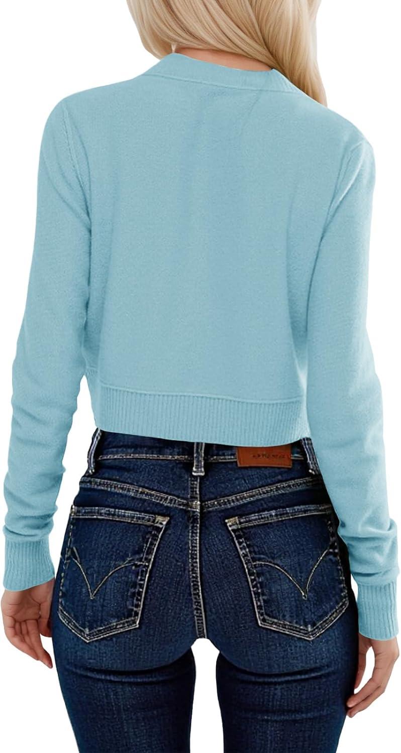 image:imageSaodimallsu Womens Button Down Cardigan Sweaters Lightweight Long Sleeve Crew Neck Summer Knit Open Front TopsBlue Green