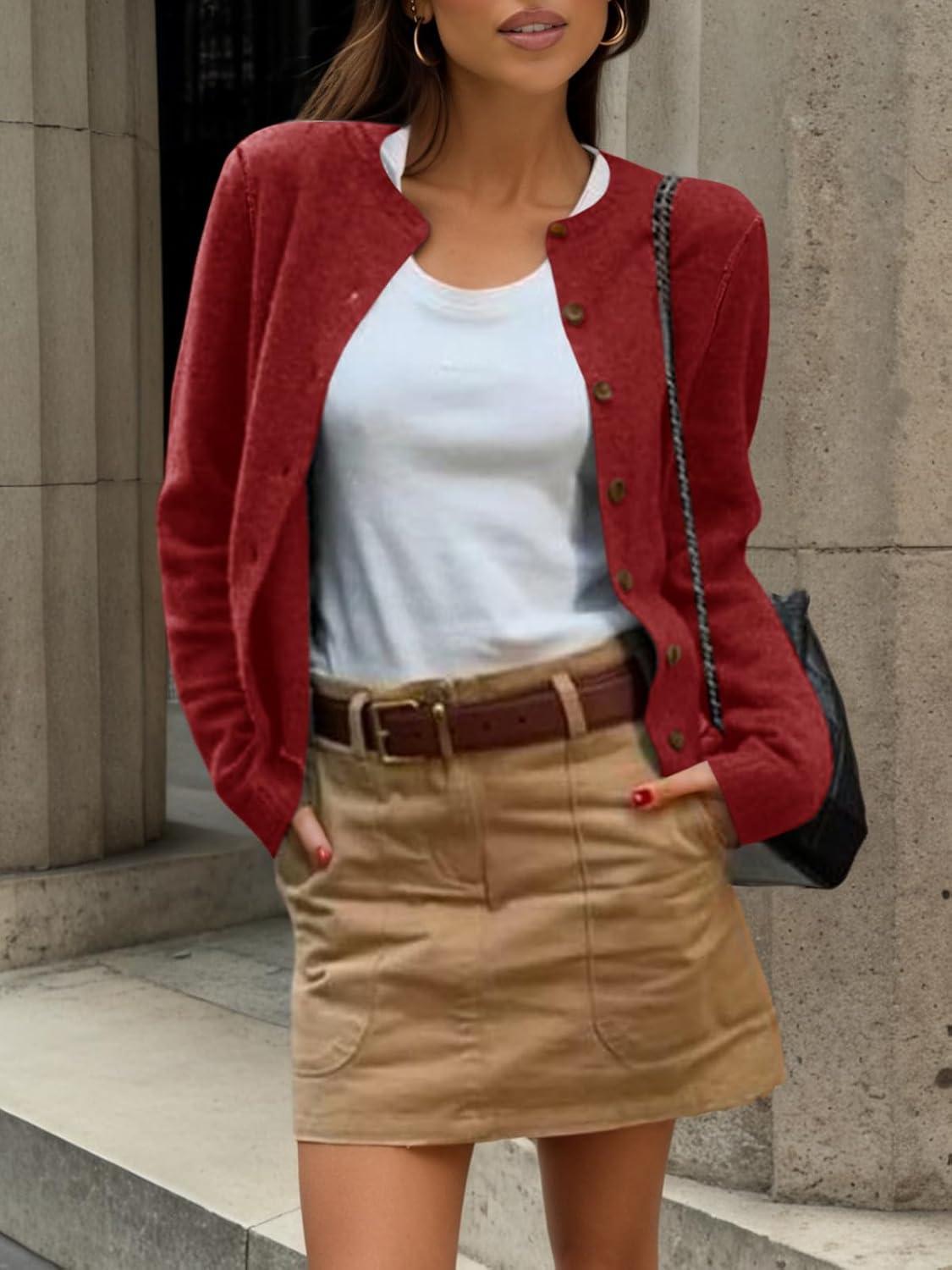 image:imageSaodimallsu Womens Button Down Cardigan Sweaters Lightweight Long Sleeve Crew Neck Summer Knit Open Front TopsBurgundy
