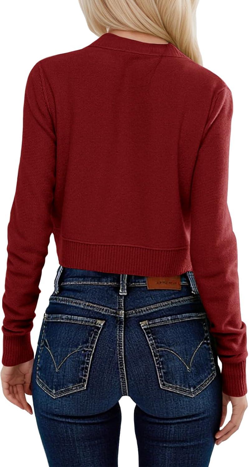 image:imageSaodimallsu Womens Button Down Cardigan Sweaters Lightweight Long Sleeve Crew Neck Summer Knit Open Front TopsBurgundy