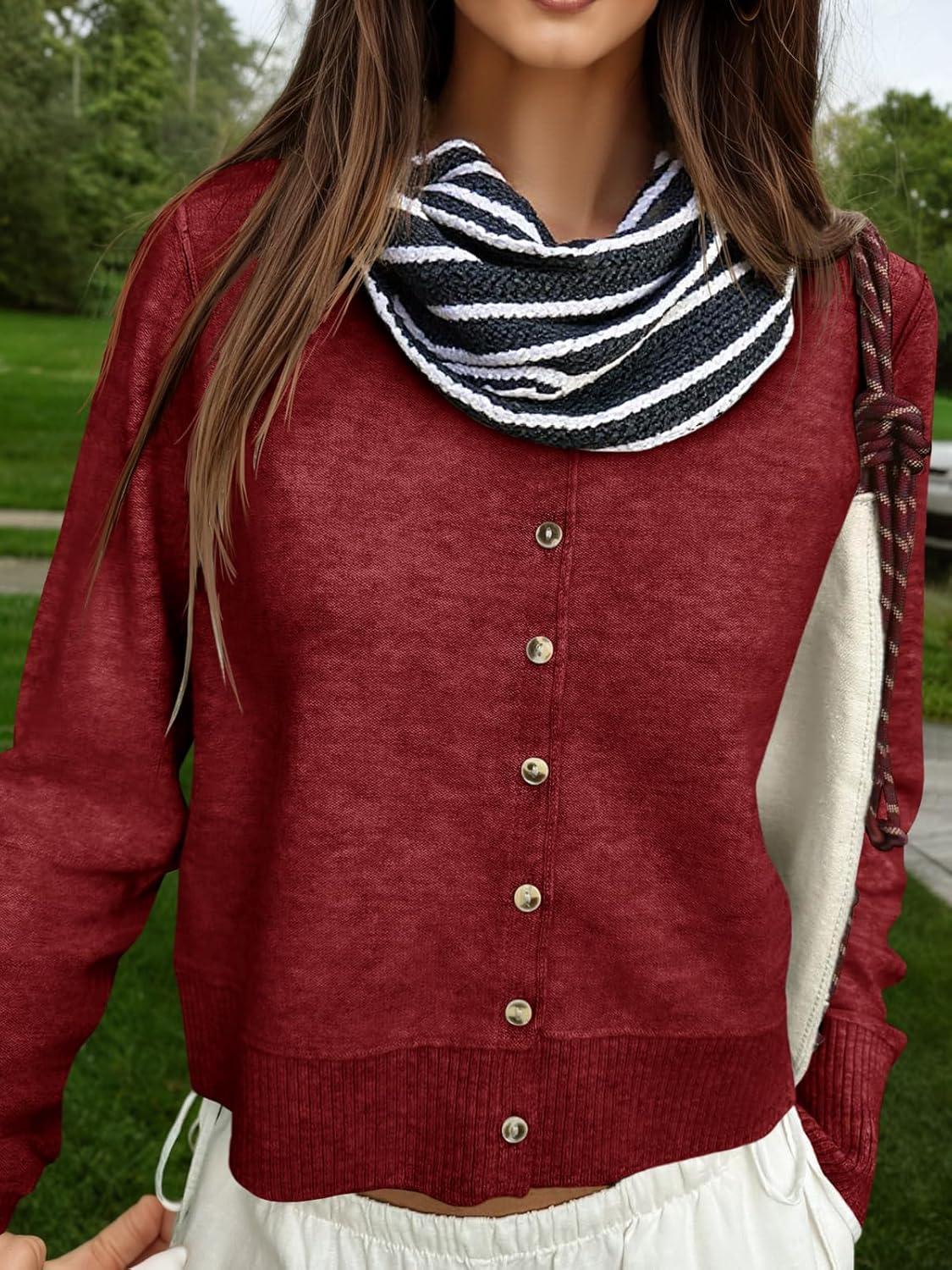 image:imageSaodimallsu Womens Button Down Cardigan Sweaters Lightweight Long Sleeve Crew Neck Summer Knit Open Front TopsBurgundy