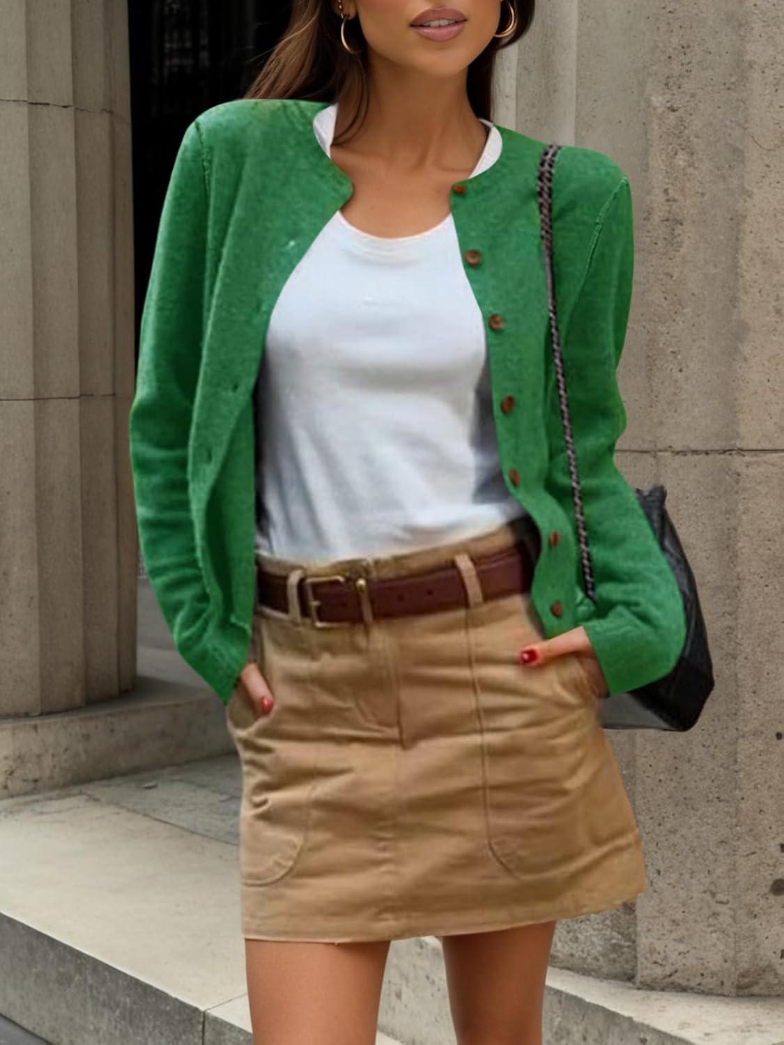image:imageSaodimallsu Womens Button Down Cardigan Sweaters Lightweight Long Sleeve Crew Neck Summer Knit Open Front TopsGreen