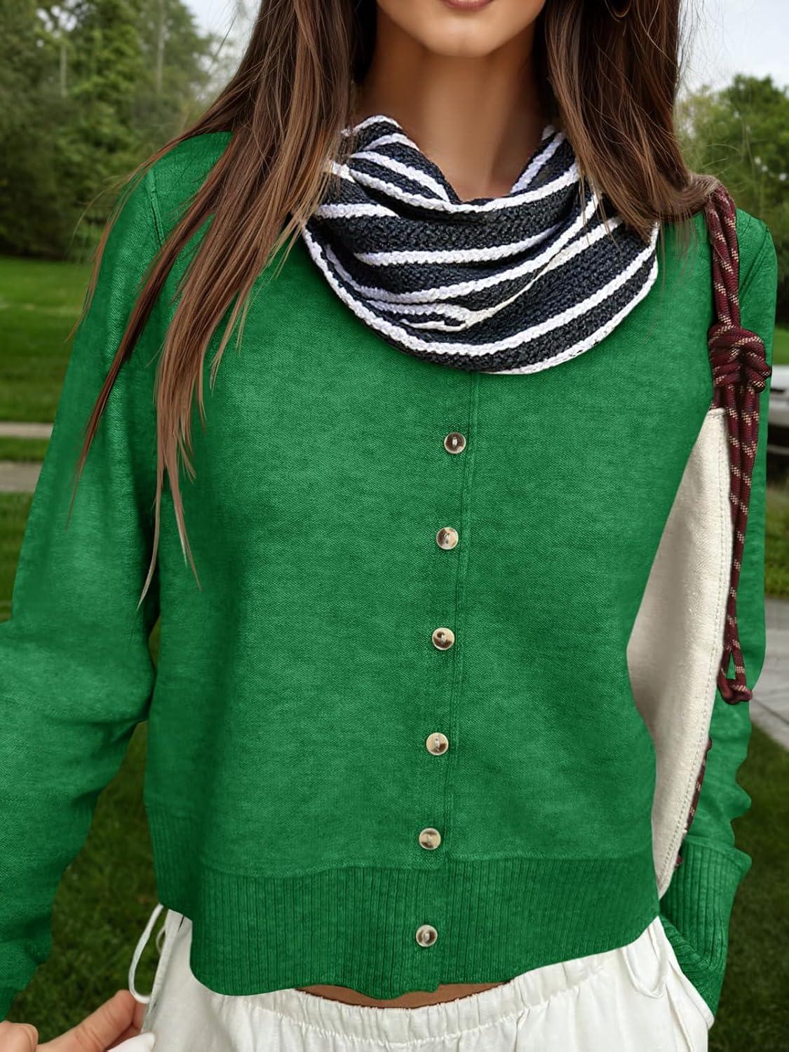 image:imageSaodimallsu Womens Button Down Cardigan Sweaters Lightweight Long Sleeve Crew Neck Summer Knit Open Front TopsGreen