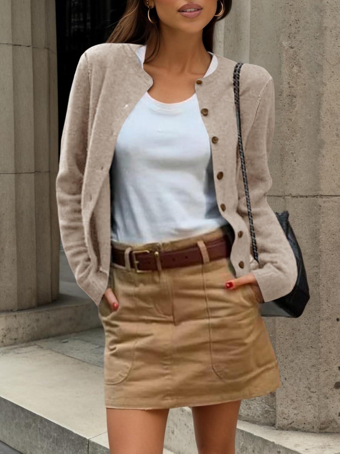 image:imageSaodimallsu Womens Button Down Cardigan Sweaters Lightweight Long Sleeve Crew Neck Summer Knit Open Front TopsKhaki