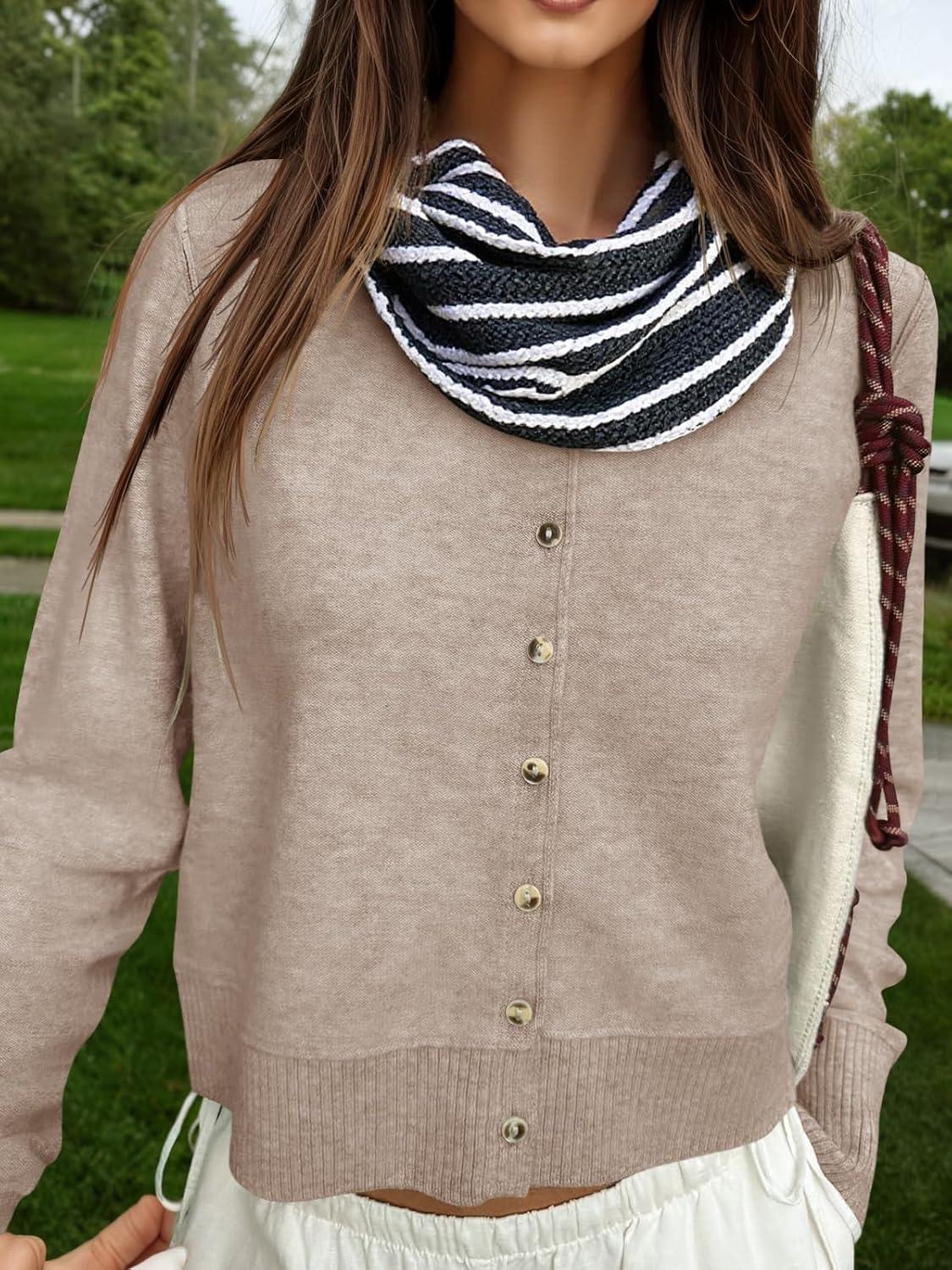 image:imageSaodimallsu Womens Button Down Cardigan Sweaters Lightweight Long Sleeve Crew Neck Summer Knit Open Front TopsKhaki