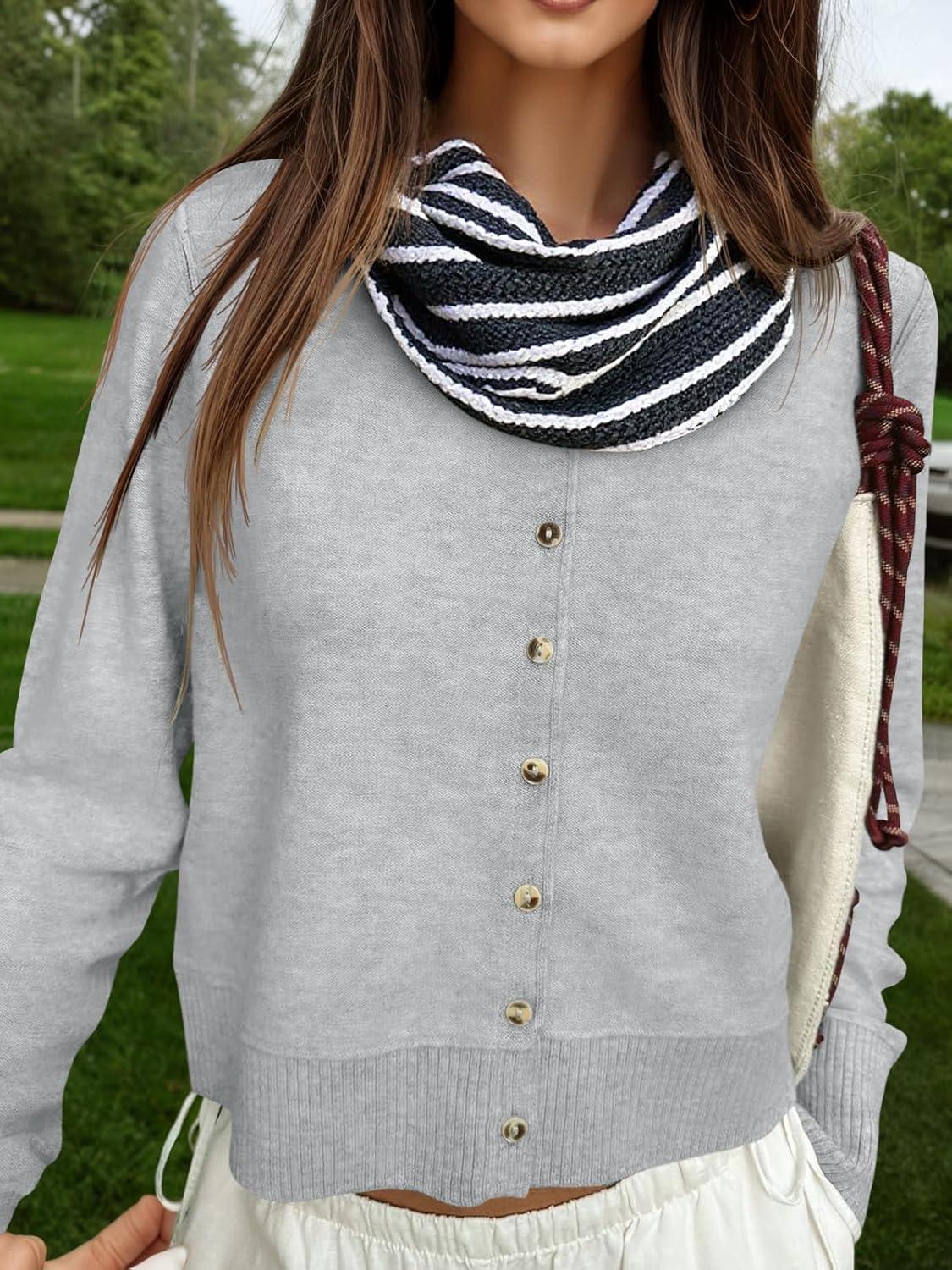 image:imageSaodimallsu Womens Button Down Cardigan Sweaters Lightweight Long Sleeve Crew Neck Summer Knit Open Front TopsLight Grey