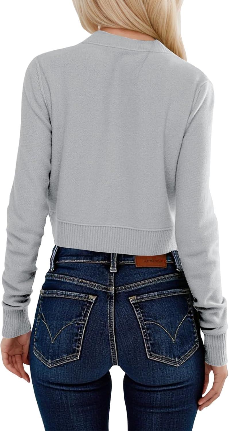 image:imageSaodimallsu Womens Button Down Cardigan Sweaters Lightweight Long Sleeve Crew Neck Summer Knit Open Front TopsLight Grey