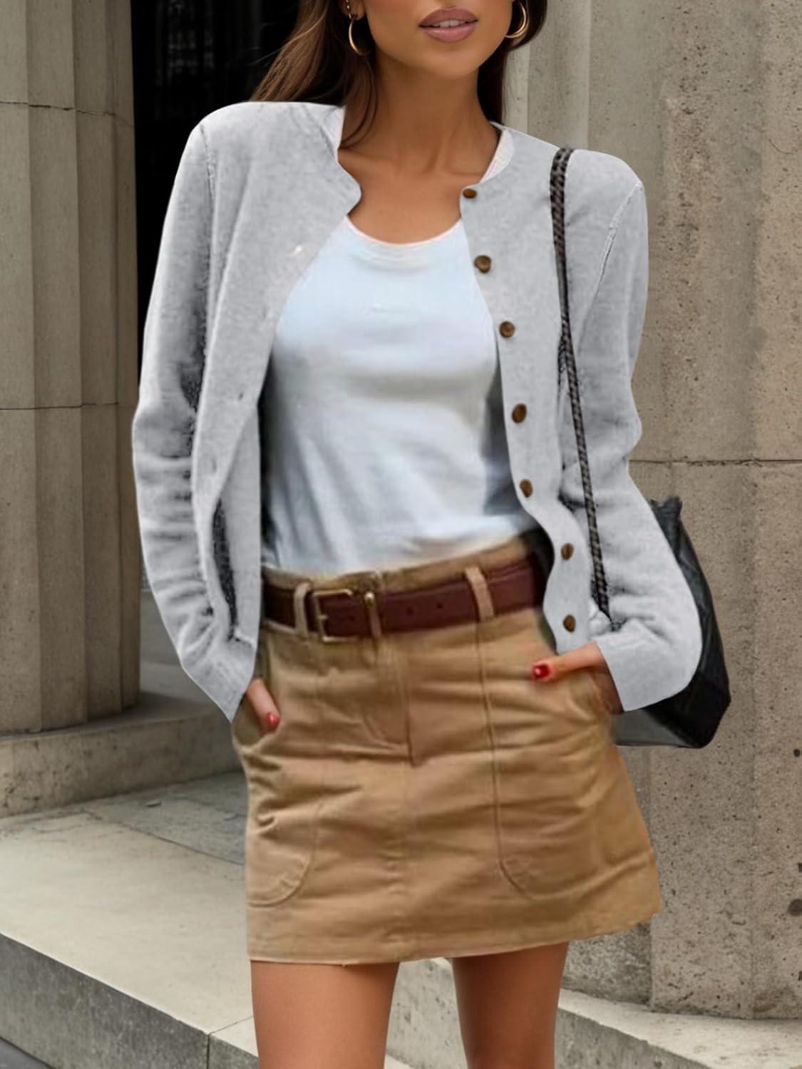 image:imageSaodimallsu Womens Button Down Cardigan Sweaters Lightweight Long Sleeve Crew Neck Summer Knit Open Front TopsLight Grey