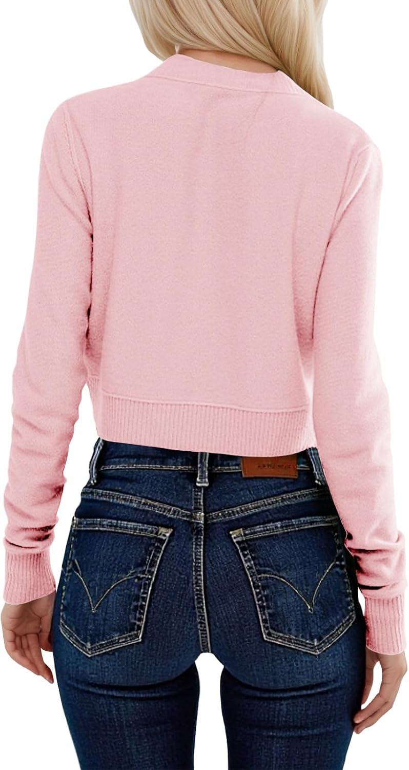 image:imageSaodimallsu Womens Button Down Cardigan Sweaters Lightweight Long Sleeve Crew Neck Summer Knit Open Front TopsPink