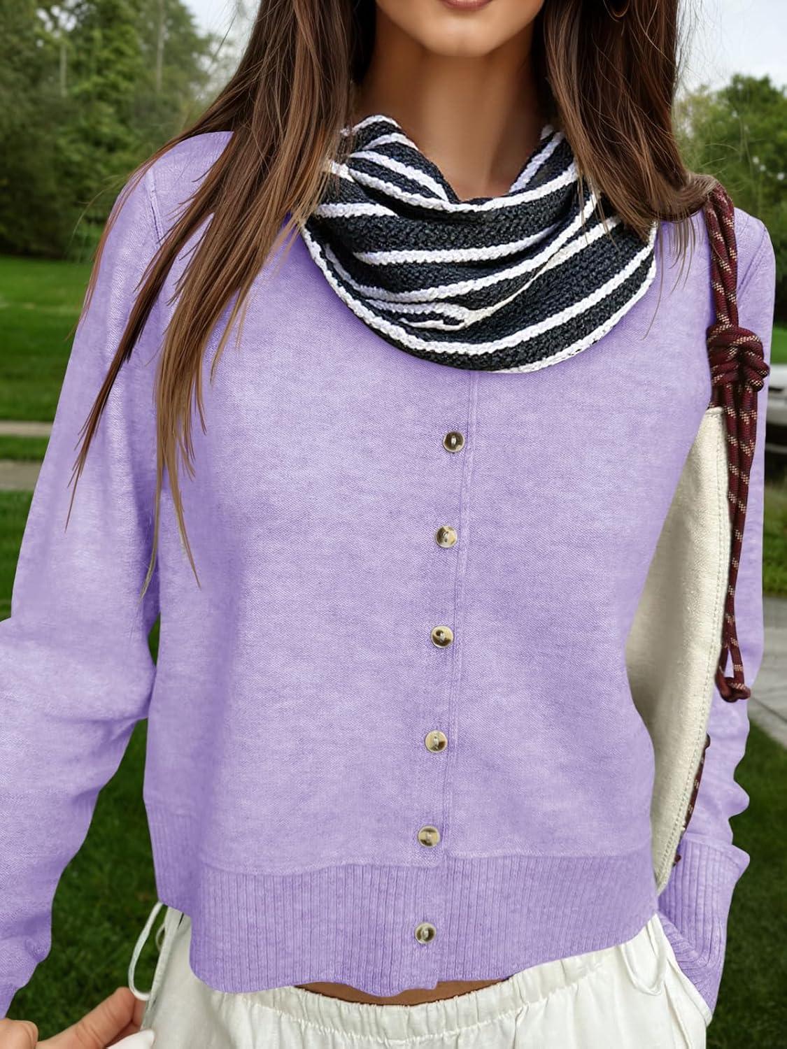 image:imageSaodimallsu Womens Button Down Cardigan Sweaters Lightweight Long Sleeve Crew Neck Summer Knit Open Front TopsPurple