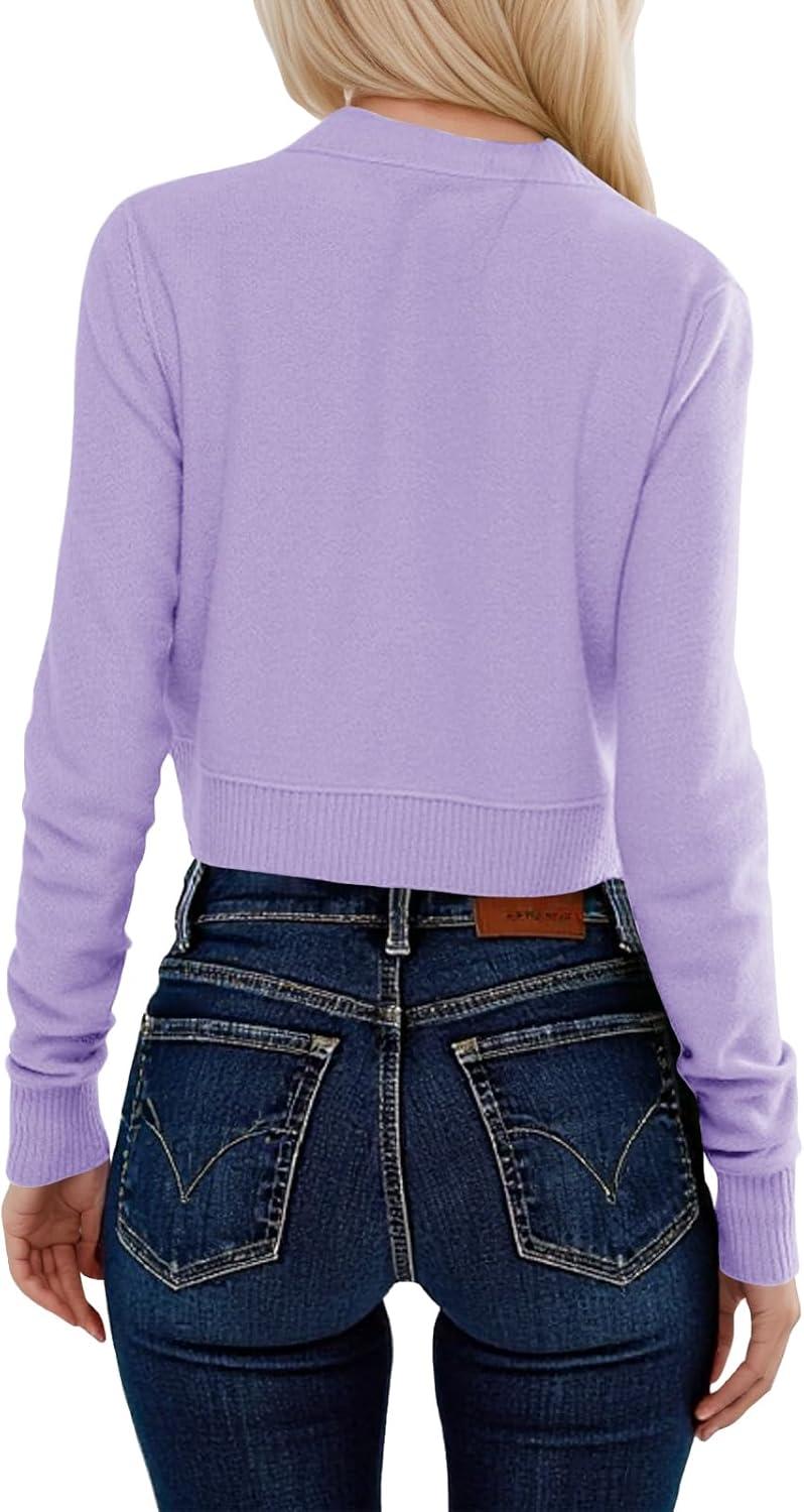image:imageSaodimallsu Womens Button Down Cardigan Sweaters Lightweight Long Sleeve Crew Neck Summer Knit Open Front TopsPurple
