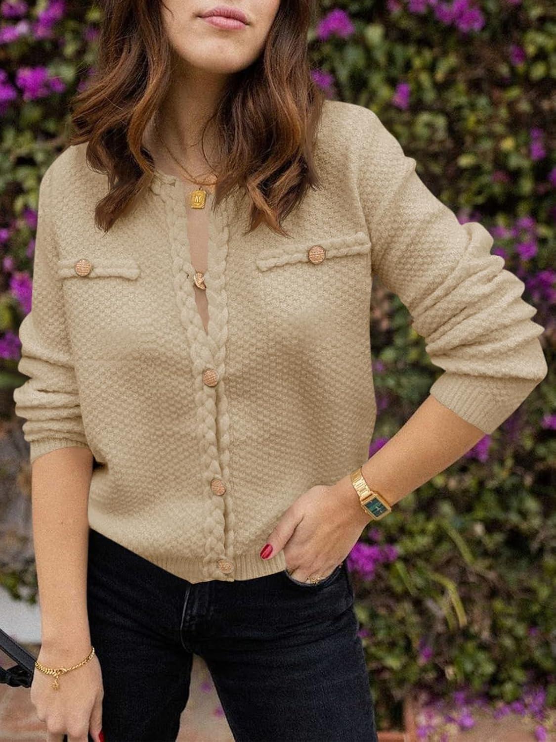 image:imageSaodimallsu Womens Button Up Cardigan Long Sleeve Open Front Cable Knit Fall Trendy Sweater Jacket with PocketsBeige