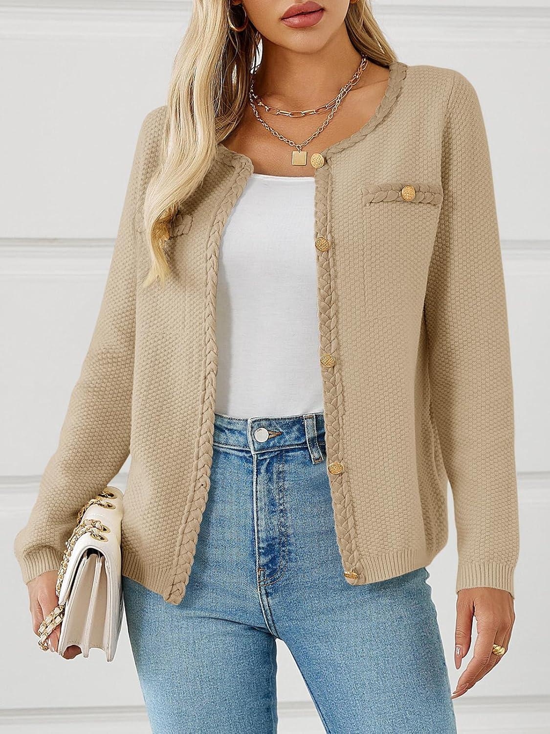image:imageSaodimallsu Womens Button Up Cardigan Long Sleeve Open Front Cable Knit Fall Trendy Sweater Jacket with PocketsBeige