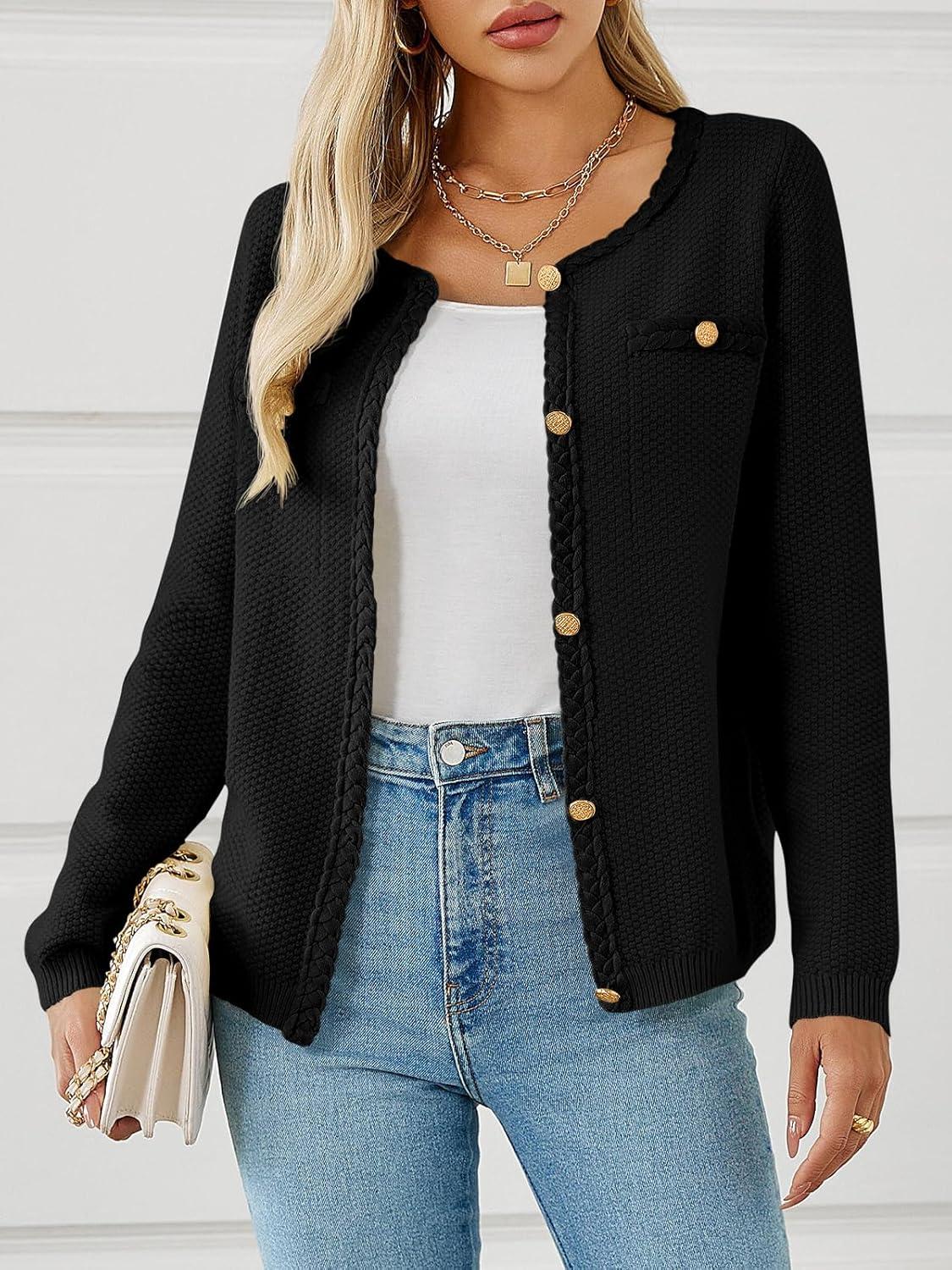image:imageSaodimallsu Womens Button Up Cardigan Long Sleeve Open Front Cable Knit Fall Trendy Sweater Jacket with PocketsBlack