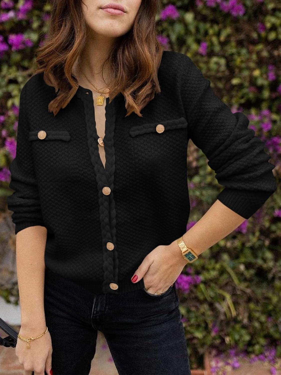 image:imageSaodimallsu Womens Button Up Cardigan Long Sleeve Open Front Cable Knit Fall Trendy Sweater Jacket with PocketsBlack