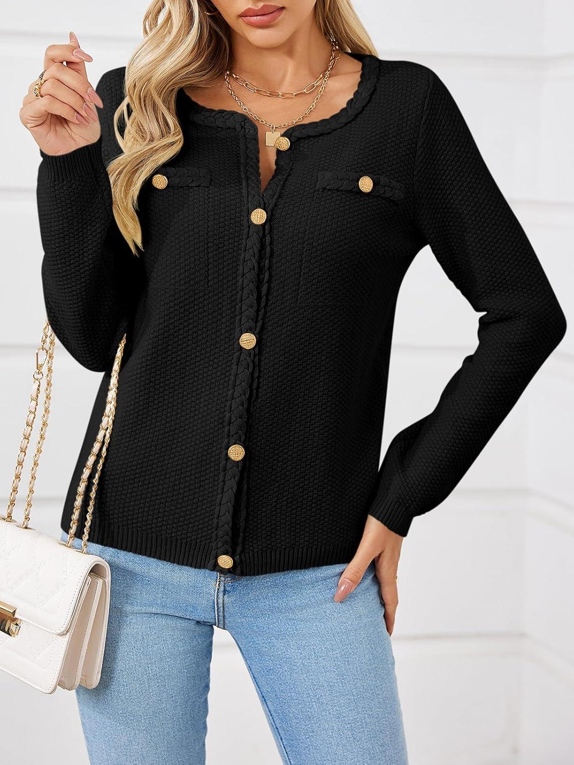 image:imageSaodimallsu Womens Button Up Cardigan Long Sleeve Open Front Cable Knit Fall Trendy Sweater Jacket with PocketsBlack