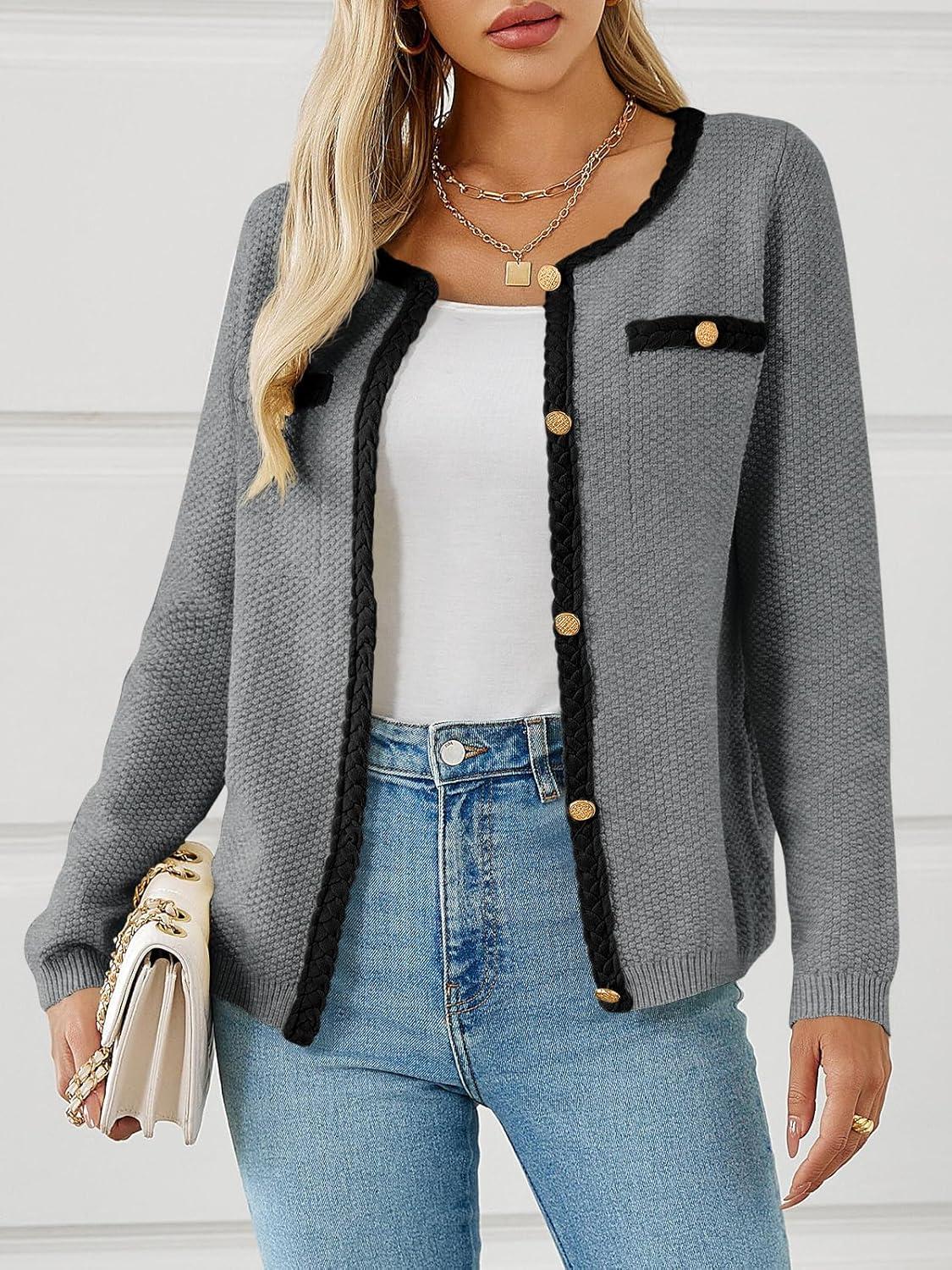 image:imageSaodimallsu Womens Button Up Cardigan Long Sleeve Open Front Cable Knit Fall Trendy Sweater Jacket with PocketsGrey