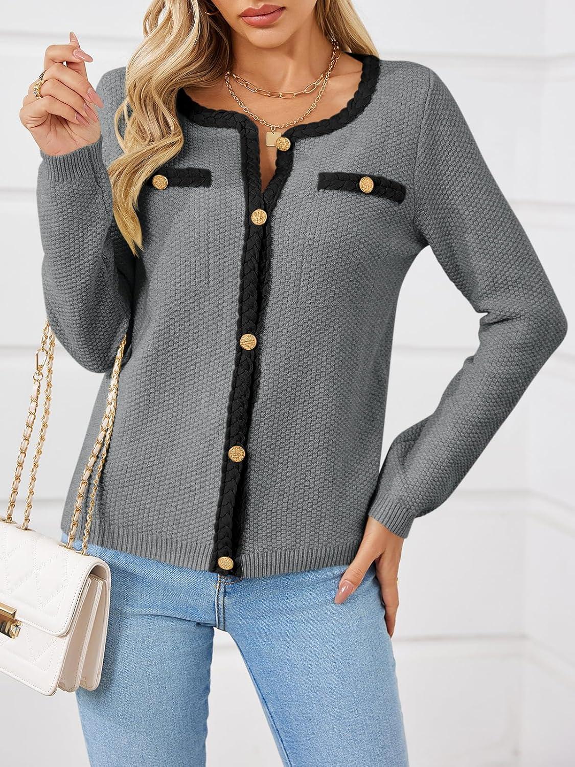 image:imageSaodimallsu Womens Button Up Cardigan Long Sleeve Open Front Cable Knit Fall Trendy Sweater Jacket with PocketsGrey