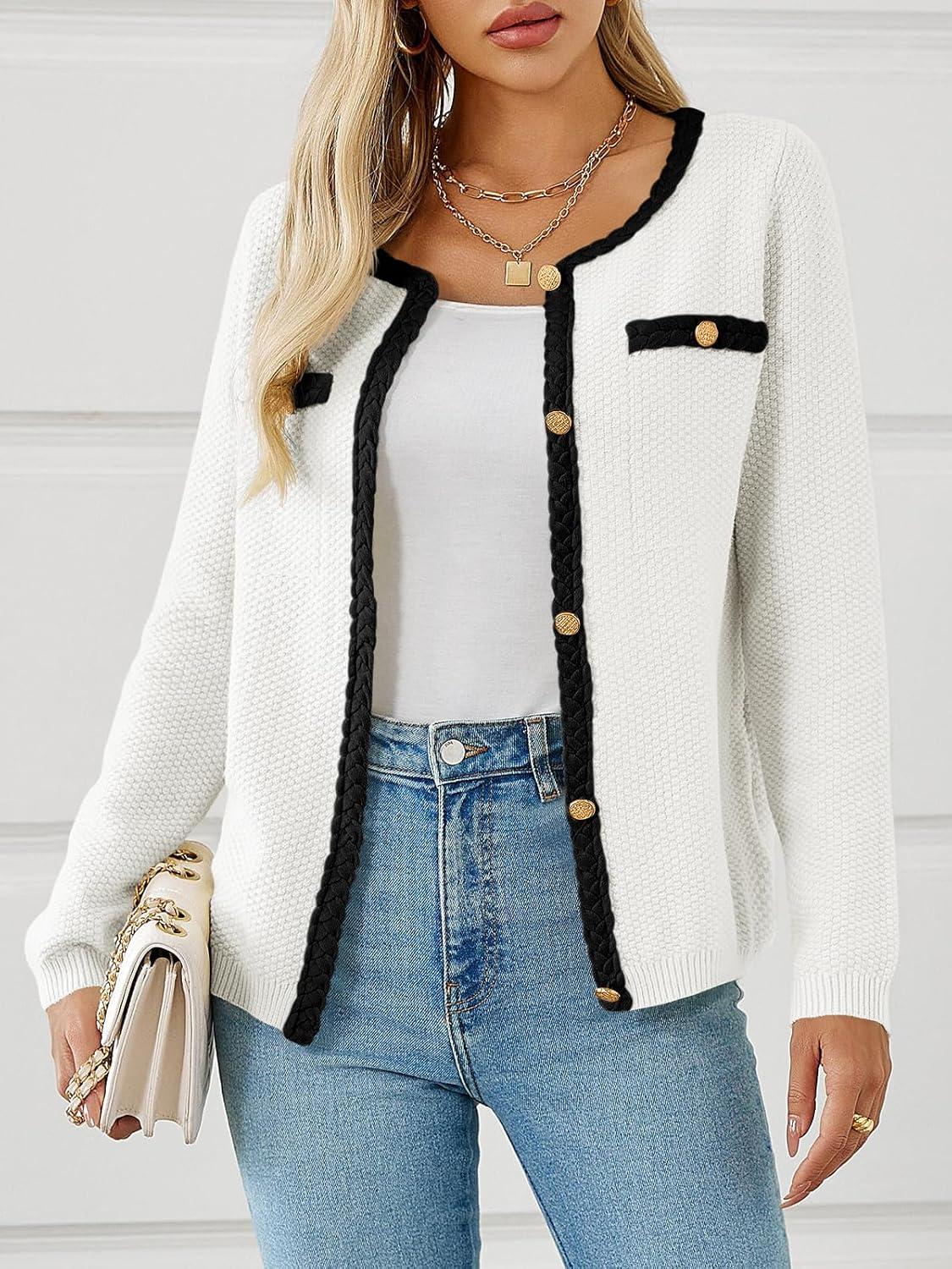 image:imageSaodimallsu Womens Button Up Cardigan Long Sleeve Open Front Cable Knit Fall Trendy Sweater Jacket with PocketsWhite