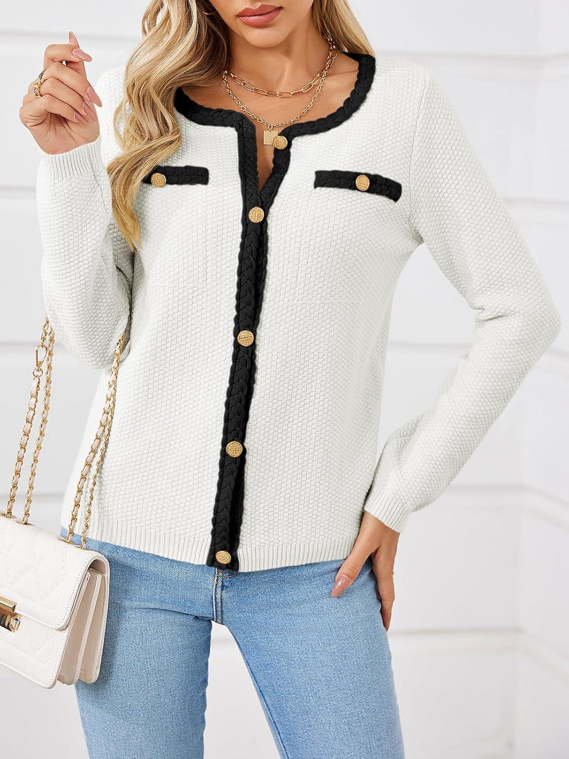 image:imageSaodimallsu Womens Button Up Cardigan Long Sleeve Open Front Cable Knit Fall Trendy Sweater Jacket with PocketsWhite
