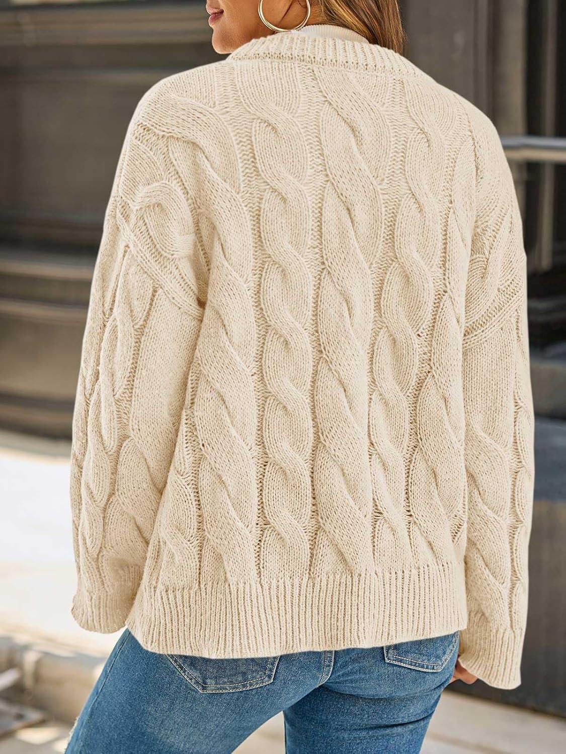 image:imageSaodimallsu Womens Cable Knit Cardigan Sweaters Long Sleeve Button Down Crewneck Casual Loose Fall Sweater CoatsBeige