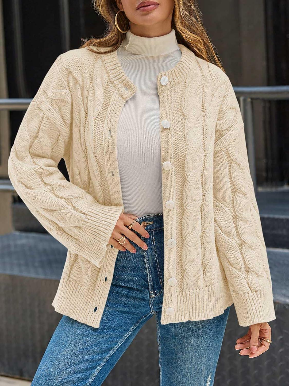 image:imageSaodimallsu Womens Cable Knit Cardigan Sweaters Long Sleeve Button Down Crewneck Casual Loose Fall Sweater CoatsBeige