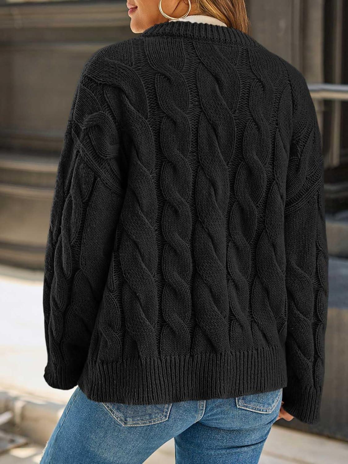 image:imageSaodimallsu Womens Cable Knit Cardigan Sweaters Long Sleeve Button Down Crewneck Casual Loose Fall Sweater CoatsBlack