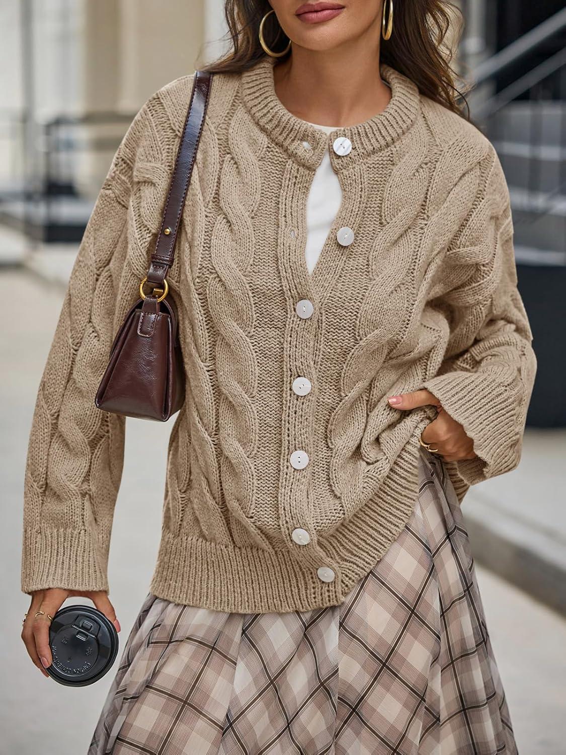 image:imageSaodimallsu Womens Cable Knit Cardigan Sweaters Long Sleeve Button Down Crewneck Casual Loose Fall Sweater CoatsKhaki