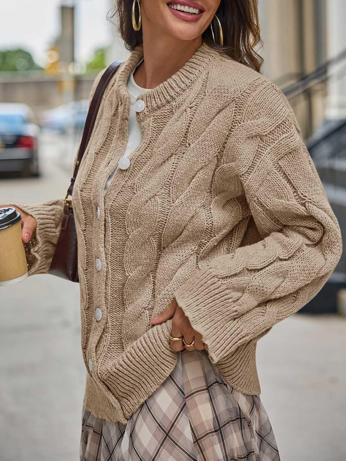 image:imageSaodimallsu Womens Cable Knit Cardigan Sweaters Long Sleeve Button Down Crewneck Casual Loose Fall Sweater CoatsKhaki