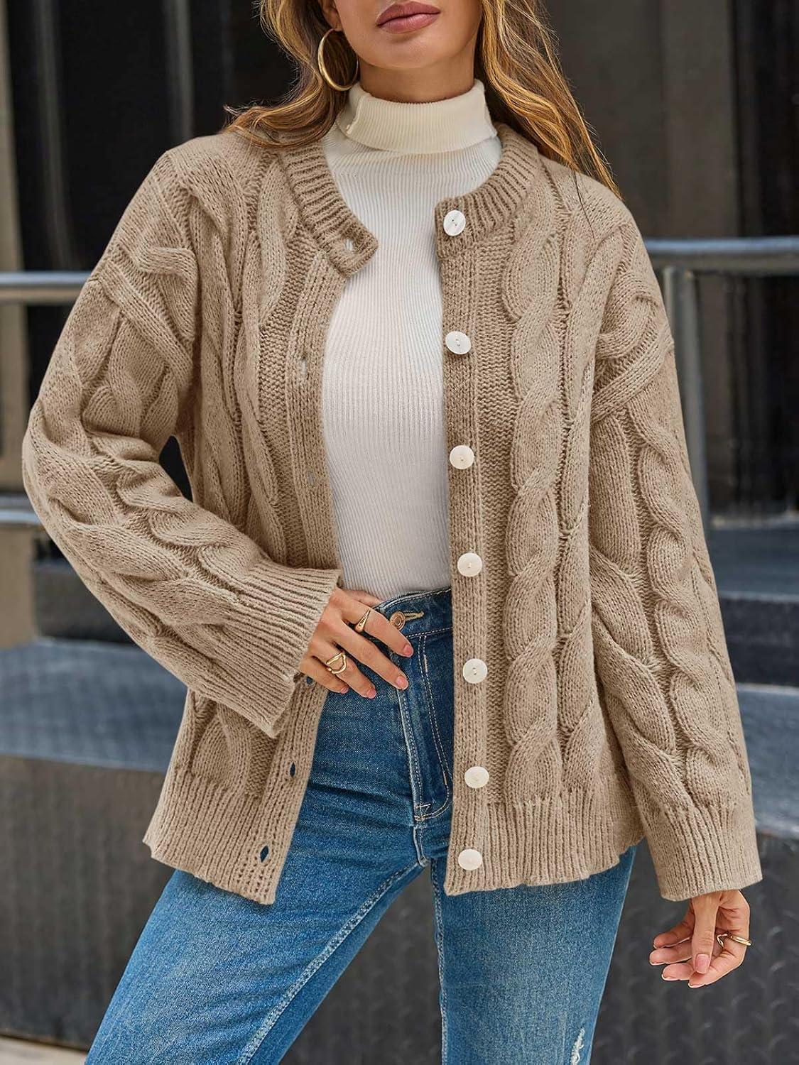 image:imageSaodimallsu Womens Cable Knit Cardigan Sweaters Long Sleeve Button Down Crewneck Casual Loose Fall Sweater CoatsKhaki