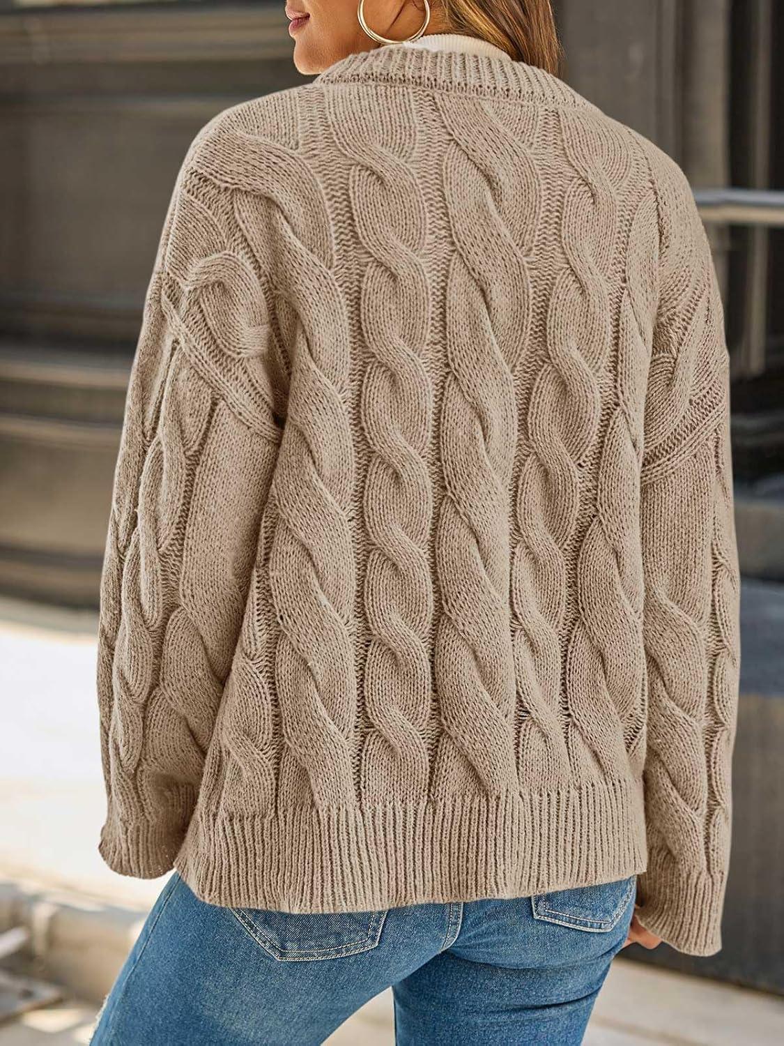 image:imageSaodimallsu Womens Cable Knit Cardigan Sweaters Long Sleeve Button Down Crewneck Casual Loose Fall Sweater CoatsKhaki