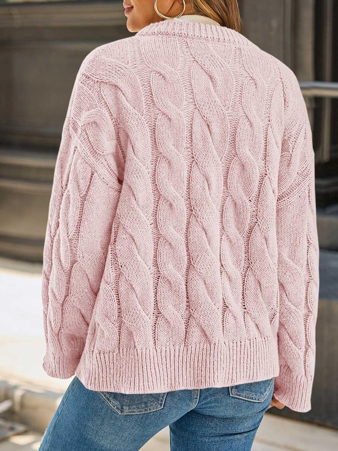 image:imageSaodimallsu Womens Cable Knit Cardigan Sweaters Long Sleeve Button Down Crewneck Casual Loose Fall Sweater CoatsPink