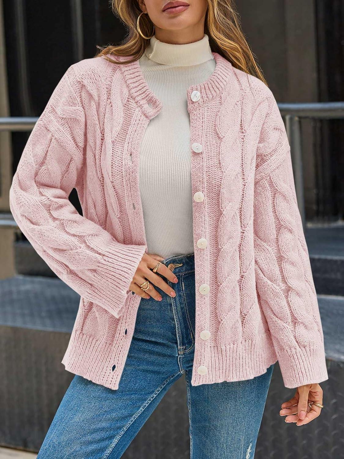 image:imageSaodimallsu Womens Cable Knit Cardigan Sweaters Long Sleeve Button Down Crewneck Casual Loose Fall Sweater CoatsPink